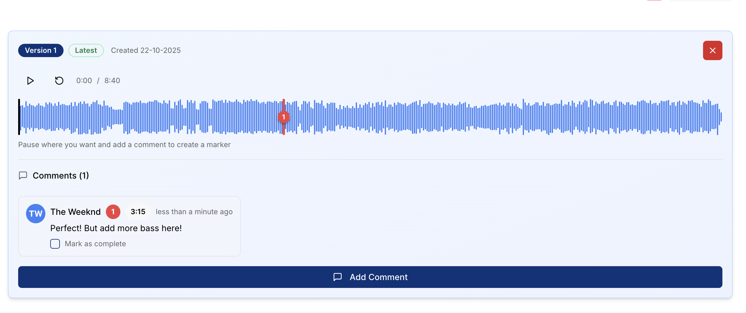 AudioCollabz comments directly under songs showing threaded conversations, time-stamped feedback, and real-time collaboration